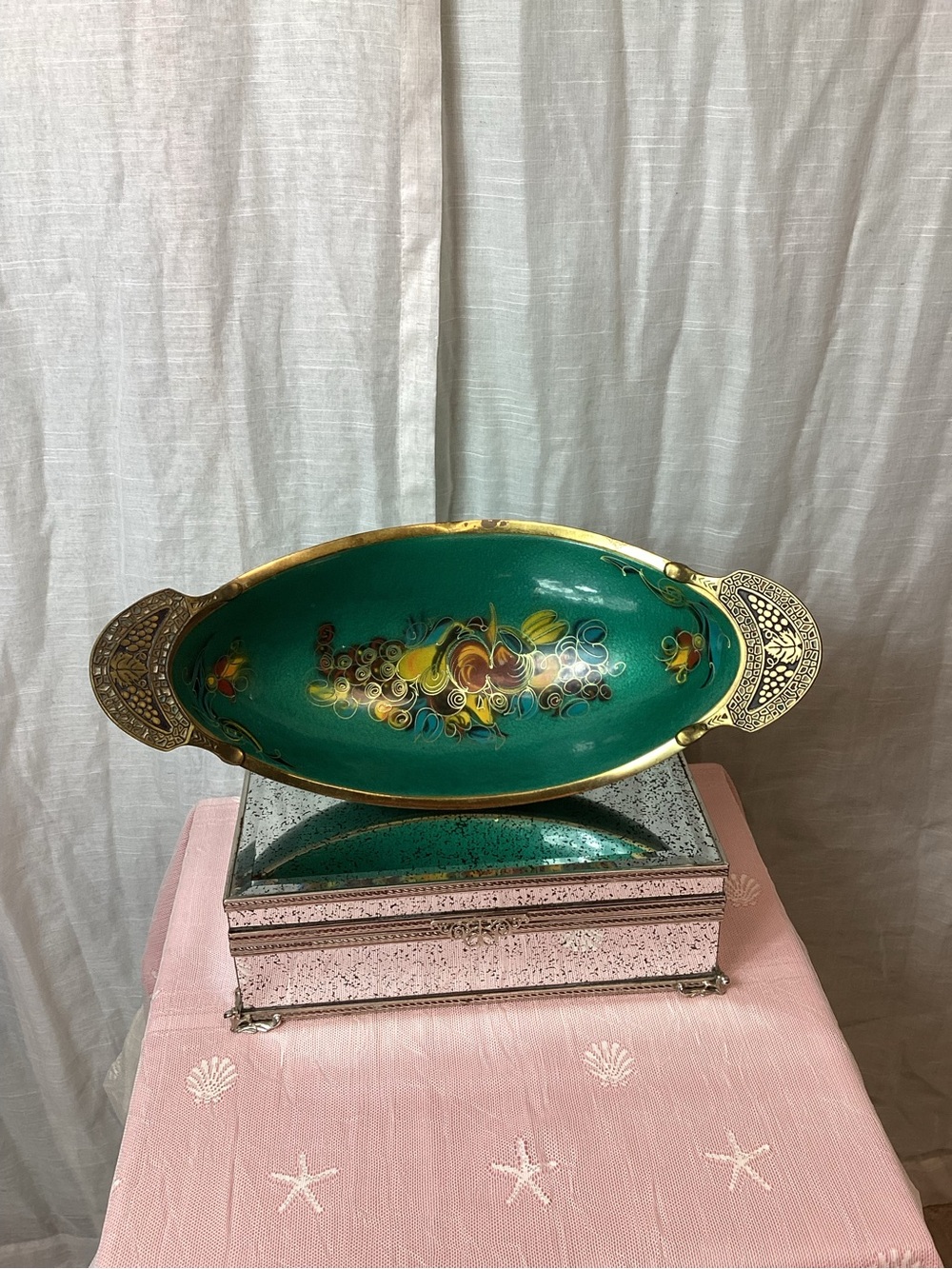 Vintage Mid-Century Modern (MCM) Enamel-on-brass Pedestal fruit Bowl
